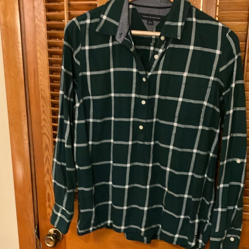 Tommy Hilfiger Large Flannel Forest Green Plaid Blouse